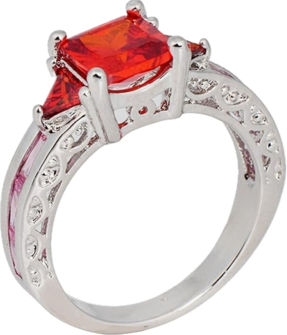 Smile 10KT White Gold Filled Cubic Zirconia Ring Size 7 Garnet Ruby Filigree
